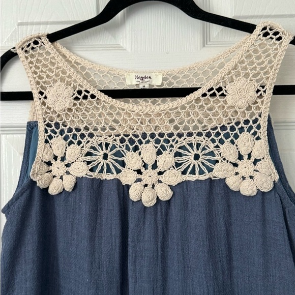Hayden Los Angeles midi dress. Blue w/crochet top & bottom. A Line Size Medium - Picture 3 of 11